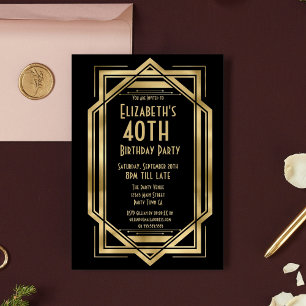 Invitación Cumpleaños 40 Roaring 20s Art Deco Negro   Oro