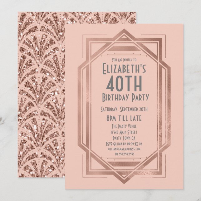 Invitación Cumpleaños 40 Roaring 20s Art Deco Rosa Dorado (Anverso / Reverso)