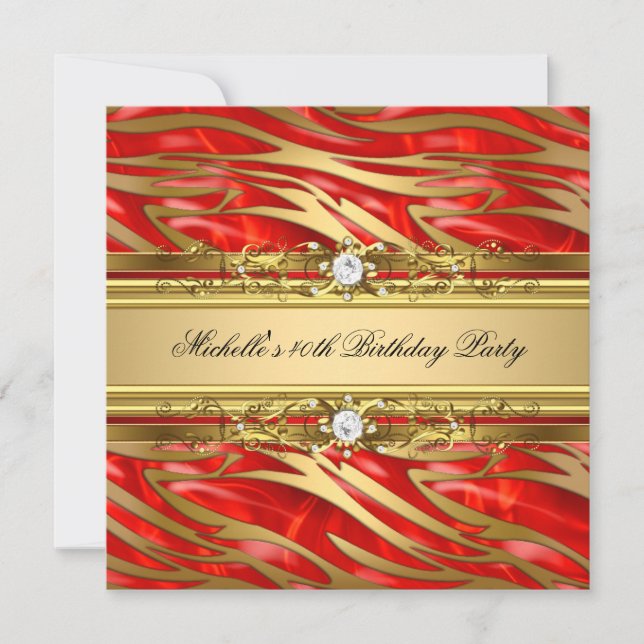 Invitación Cumpleaños 40 Rojo Dorado Cebra Diamante Joya (Anverso)
