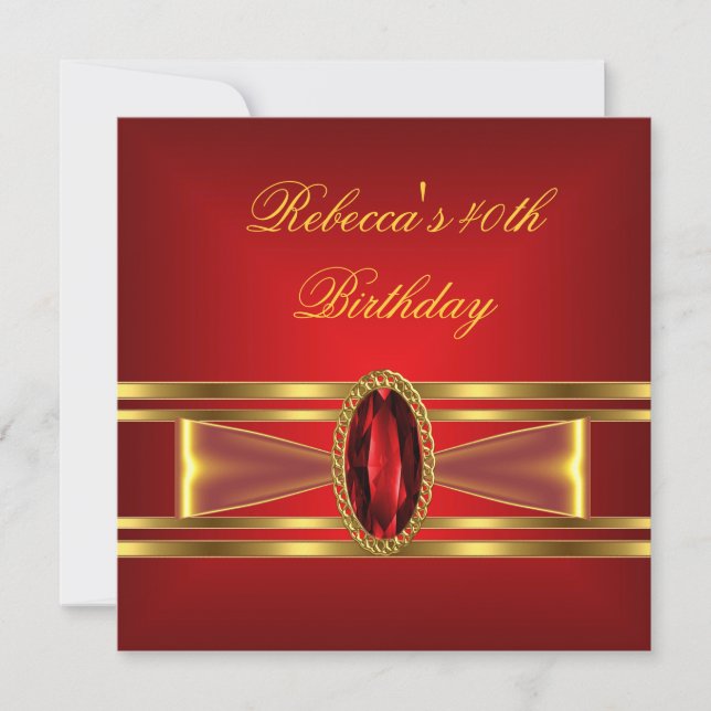 Invitación Cumpleaños 40 Rojo Dorado Rojo Diamante Joya Arco (Anverso)