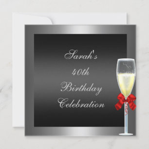 Invitación Cumpleaños 40 Rojo Lazo Champán Plateado Negro