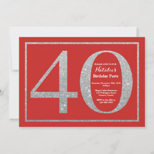 Invitación Cumpleaños 40 Rojo y Brillo Plateado
