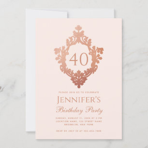 Invitación Cumpleaños 40 Rosa Dorado Rosado Cresta Vintage Le