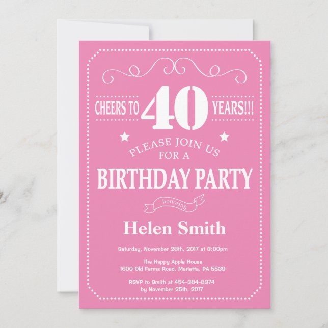 Invitación Cumpleaños 40 Rosa y Blanco (Anverso)