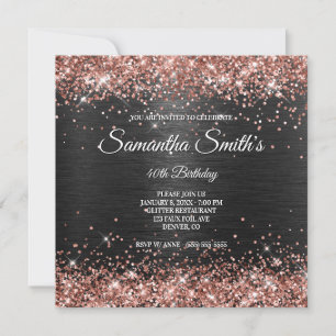 Invitación Cumpleaños 40 Rose Gold Glitter y Black Foil