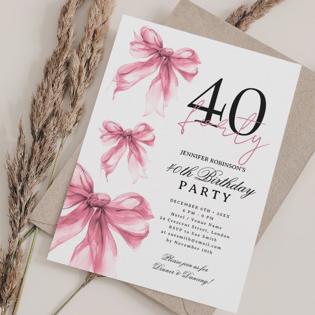 Invitación Cumpleaños 40 Rose Gold Watercolor Coquette Bow  (Rose Gold Watercolor Coquette Bow 40th Birthday Invitation)