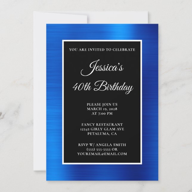 Invitación Cumpleaños 40 Royal Blue Foil Negro y Blanco (Anverso)