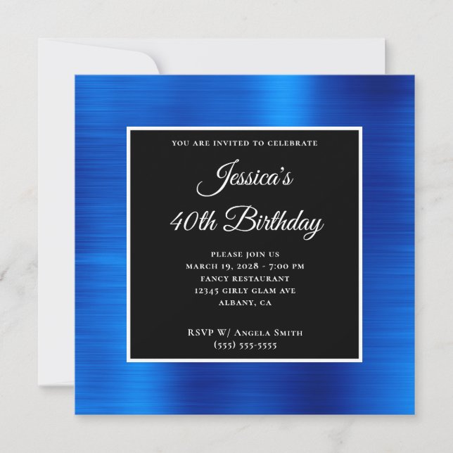 Invitación Cumpleaños 40 Royal Blue Foil Negro y Blanco (Anverso)