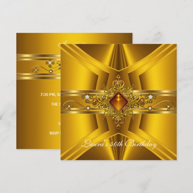 Invitación Cumpleaños 40 Royal Elegante Joya Amarillo Oro 2 (Anverso / Reverso)