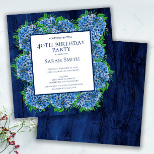 Invitación Cumpleaños 40 Rustico Madera Hortensias Azules Fie