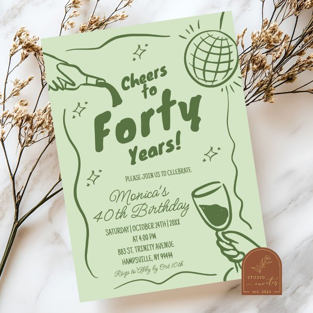 Invitación Cumpleaños 40 Sage Green Retro Disco Cheers (Subido por el creador)