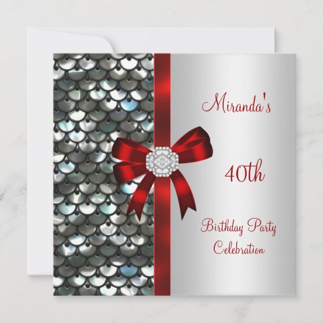 Invitación Cumpleaños 40 Silver Sequins Lazo Diamante Rojo (Anverso)