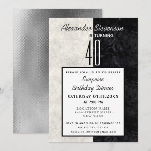 Invitación Cumpleaños 40 Simple Mármol Negro y Blanco