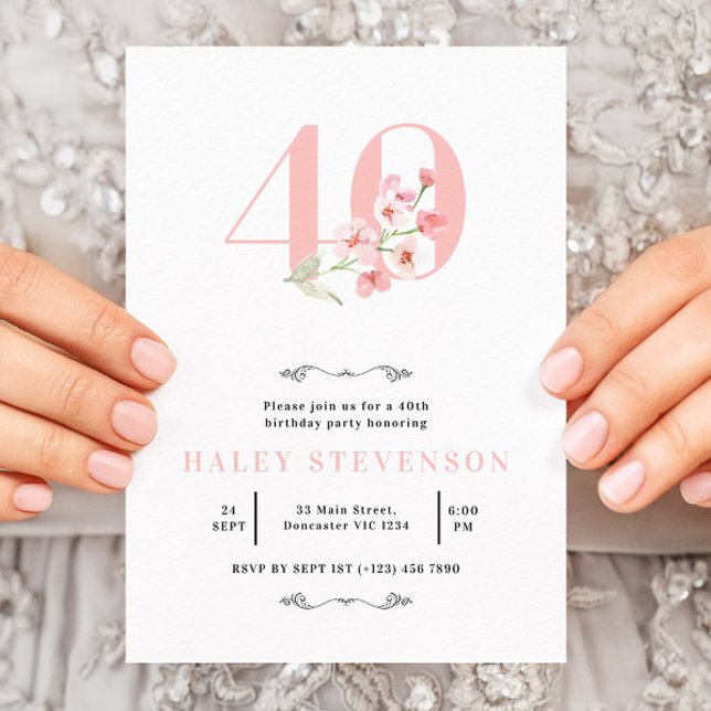Invitación Cumpleaños 40 Simple Rosa y Blanco Floral Chic (Subido por el creador)