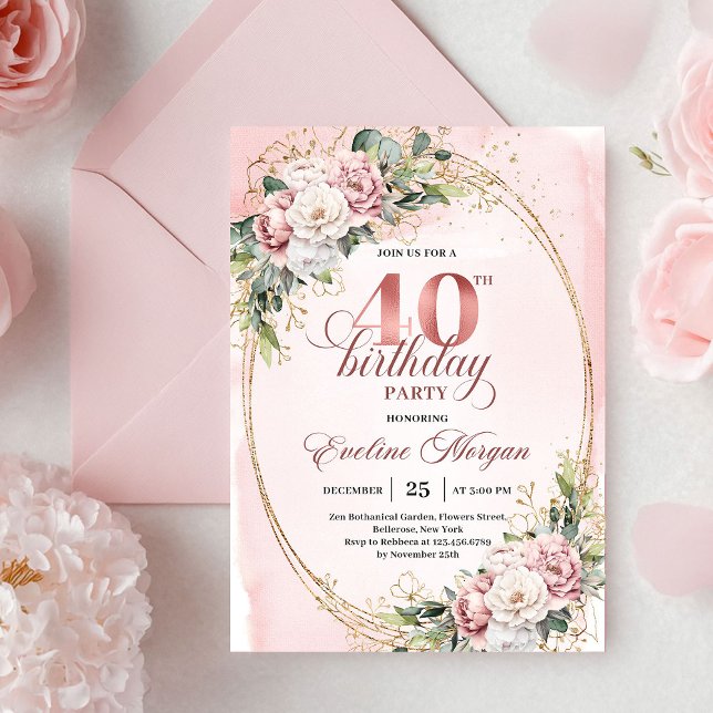 Invitación Cumpleaños 40 Stylish Boho Rosa Dorado Flores (Stylish Boho Rose Gold Flowers 40th Birthday Invitation)