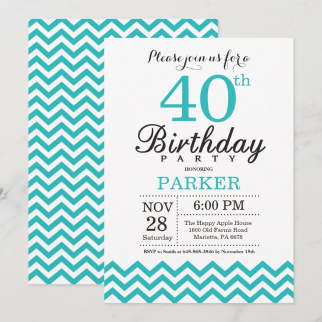 Invitación Cumpleaños 40 Teal Chevron (Anverso / Reverso)