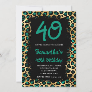 Invitación Cumpleaños 40 Teal Gold Leopardo Pintado de Negro