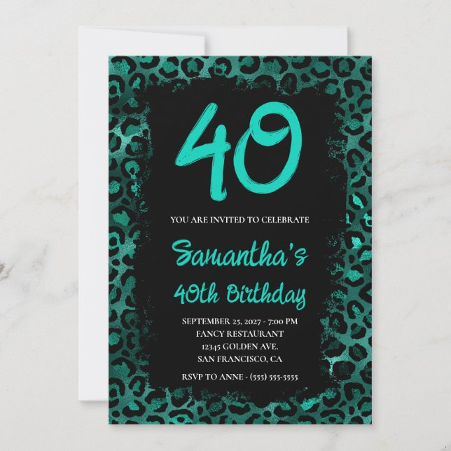 Invitación Cumpleaños 40 Teal Leopard Foil Pintado de Negro (Anverso)