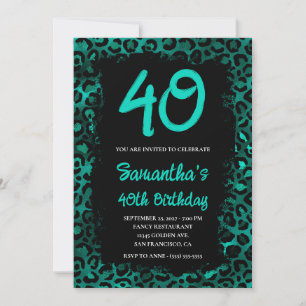 Invitación Cumpleaños 40 Teal Leopard Foil Pintado de Negro