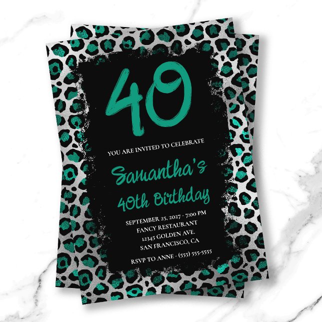 Invitación Cumpleaños 40 Teal Silver Leopard Pintado de Negro (Teal Silver Leopard Painted Black 40th Birthday Invitation)