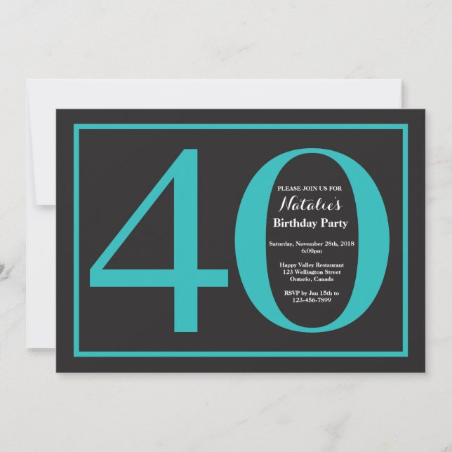 Invitación Cumpleaños 40 Teal y Pizarra Negra (Anverso)