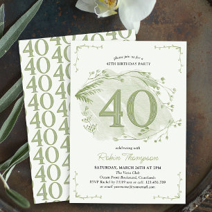 Invitación Cumpleaños 40 Verde Flores Silvestres Delicadas Nú