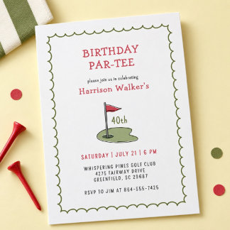 Invitación Cumpleaños 40 Verde Golf Par-Tee Dibujado a Mano