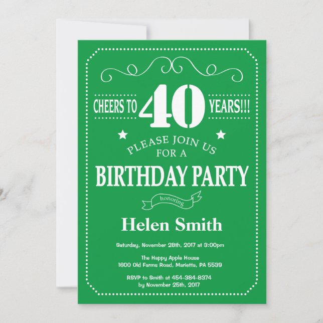 Invitación cumpleaños 40 Verde y Blanco (Anverso)