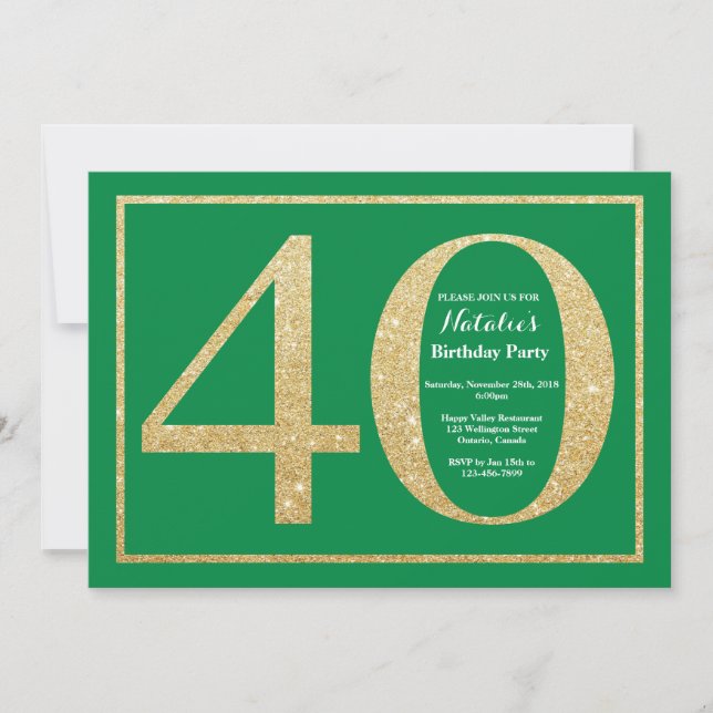 Invitación Cumpleaños 40 Verde y Dorado Brillante (Anverso)