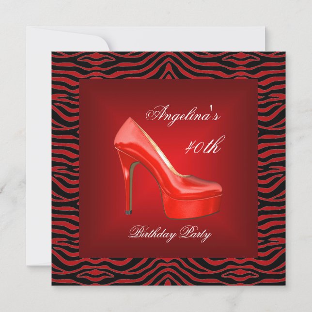 Invitación Cumpleaños 40 Zebra Negro Blanco Rojo Zapato (Anverso)