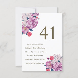 Invitación Cumpleaños 41 Botánico Floral Púrpura Simple Chic