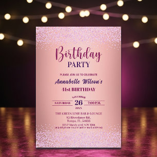 Invitación Cumpleaños 41 Elegante Rosa Brillo Metálico Rosa