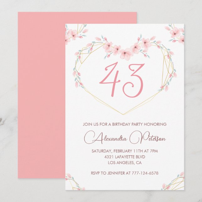 Invitación Cumpleaños 43 Boho Floral Acuarela Rosa (Anverso / Reverso)