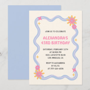 Invitación cumpleaños 43 Retro Groovy Flores Azule