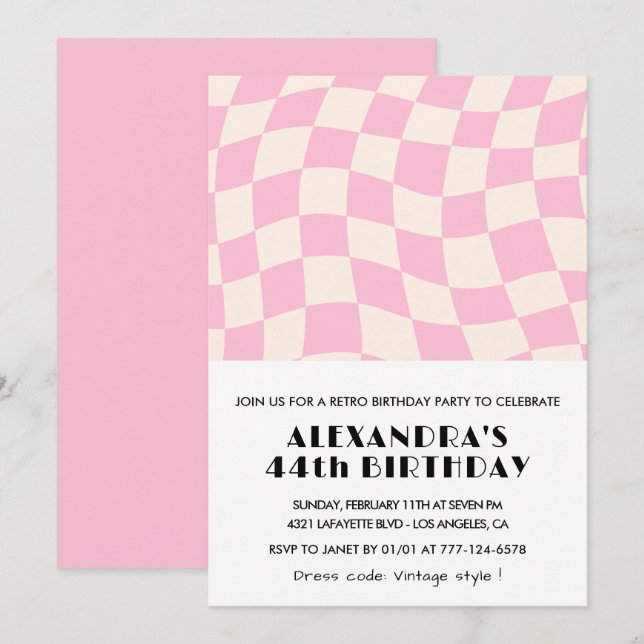 Invitación Cumpleaños 44 cuadros Retro Vintage Rosa (Anverso / Reverso)