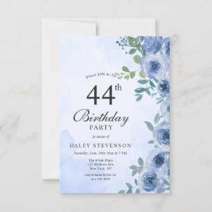 Invitación Cumpleaños 44 elegante Dusty Blue Watercolor Flora