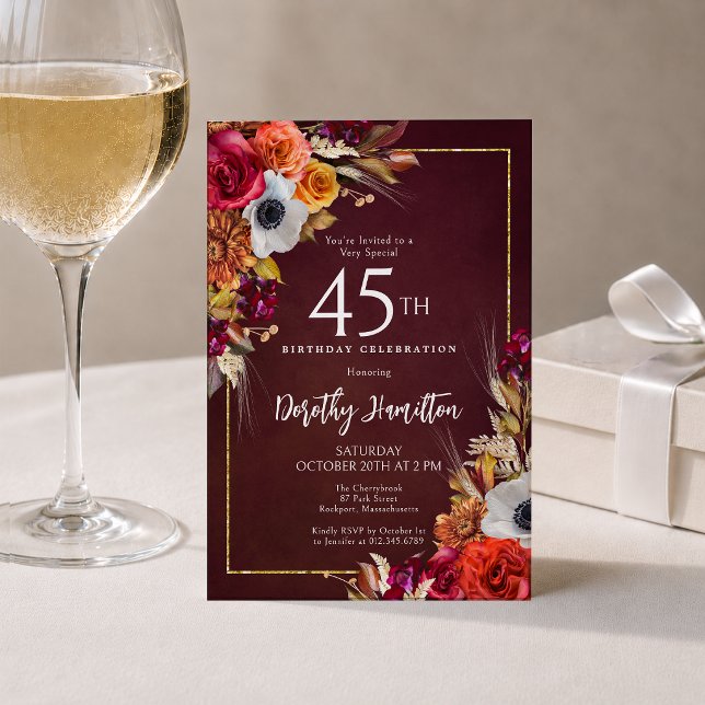 Invitación Cumpleaños 45 Burgundy Flores de Otoño Escritura E (Subido por el creador)