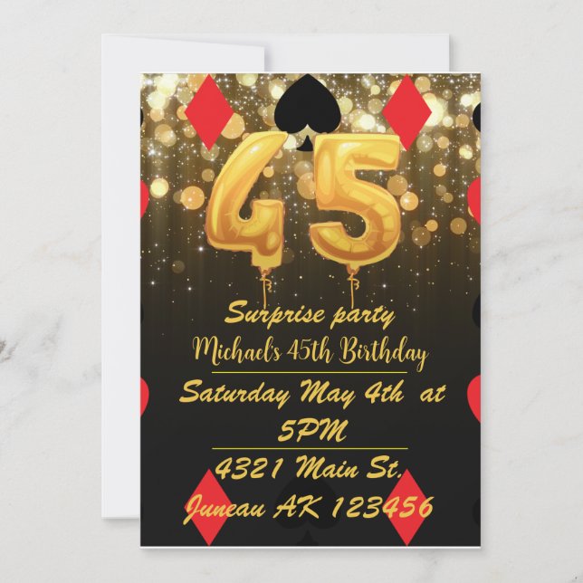 Invitación Cumpleaños 45 con tema de casino con brillo dorado (Anverso)