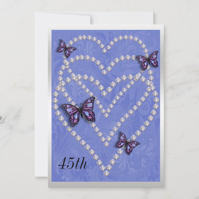 Invitación Cumpleaños 45 Diamond Hearts & Butterflies (Anverso)