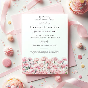 Invitación Cumpleaños 45 en rosa. Clavel flor de nacimiento d