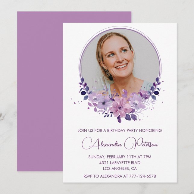 invitación cumpleaños 45 Foto Boho morado elegante (Anverso / Reverso)