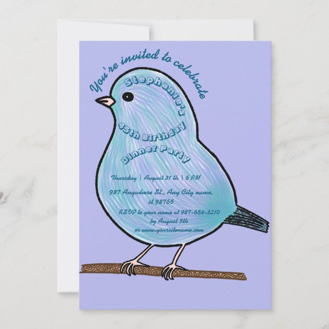 Invitación Cumpleaños 45 Morado Fiesta de Cena Pajarito Lindo (Anverso)