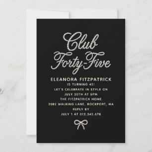 Invitación Cumpleaños 45 negro blanco Perla Script Bow