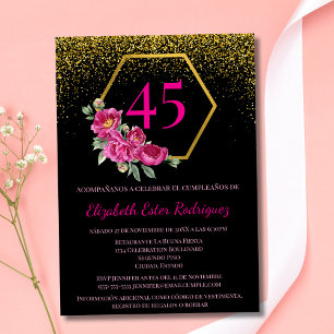 Invitación Cumpleaños 45 Únicos Español Negro y Dorado Rosa
