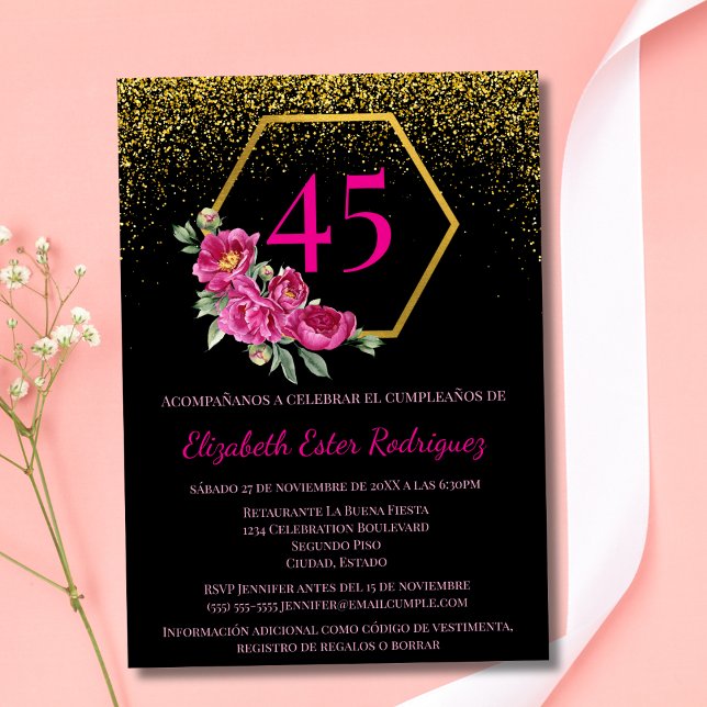 Invitación Cumpleaños 45 Únicos Español Negro y Dorado Rosa (Subido por el creador)