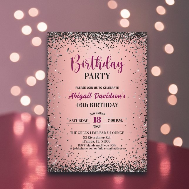 Invitación Cumpleaños 46 Elegante Glitter Metálico Rosa (Subido por el creador)