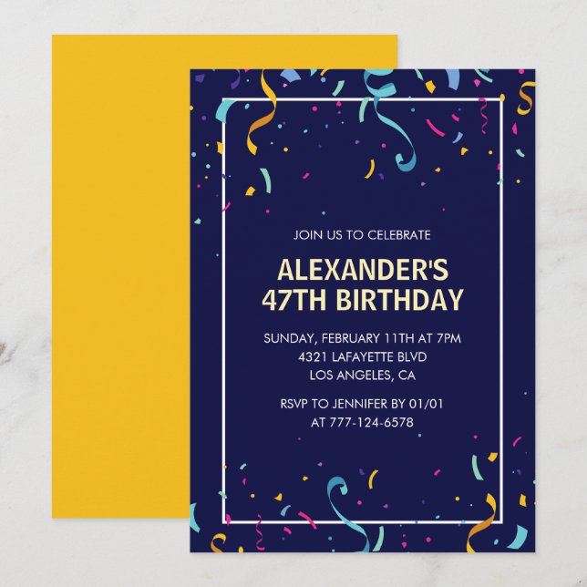 Invitación Cumpleaños 47 Confeti Hombres Moderno Simple (Anverso / Reverso)