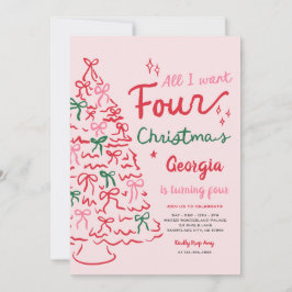 Invitación Cumpleaños 4 Coquette Bow Navidad Árbol de Navidad