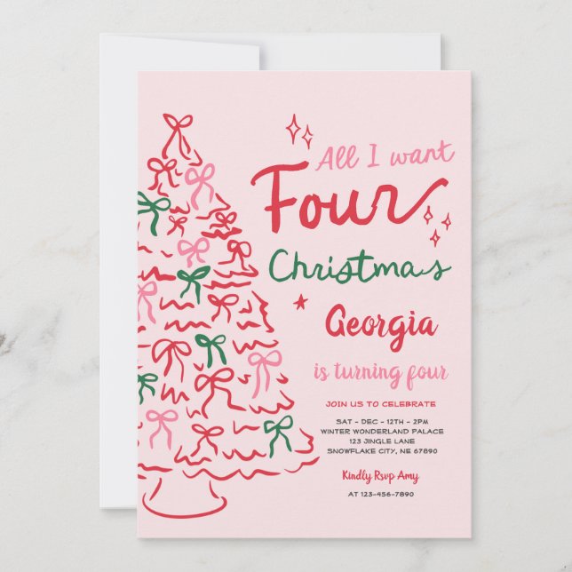 Invitación Cumpleaños 4 Coquette Bow Navidad Árbol de Navidad (Anverso)