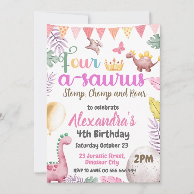 Invitación Cumpleaños 4 de Dinosaurio Fiesta Cuatro-A-Saurio (Anverso)